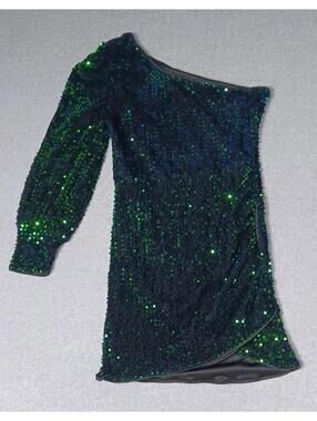 Sequin One Sleeve Fitted Dress Womens Size Large Green Blue Long Sleeve Cocktail